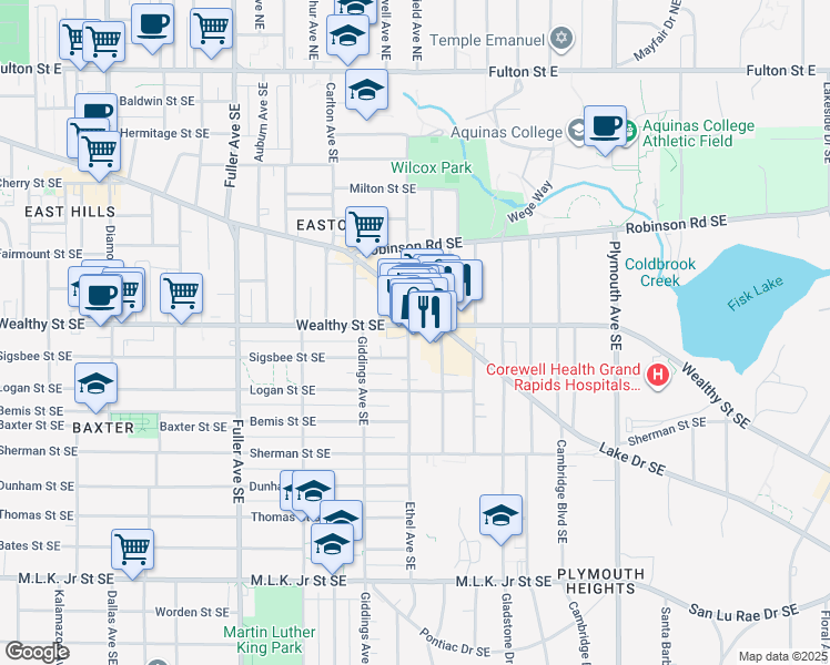 map of restaurants, bars, coffee shops, grocery stores, and more near 1500 Wealthy Street Southeast in Grand Rapids