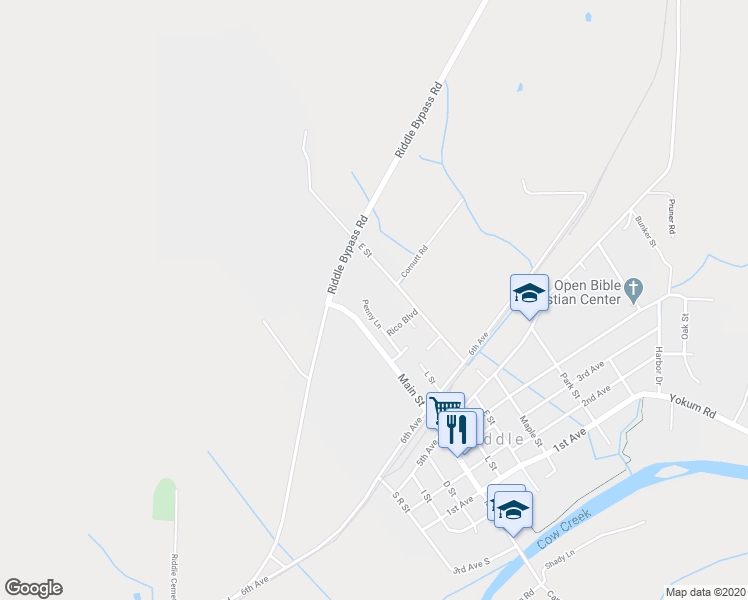 map of restaurants, bars, coffee shops, grocery stores, and more near 747 Penny Lane in Riddle