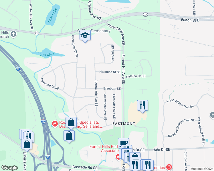 map of restaurants, bars, coffee shops, grocery stores, and more near 4501 Braeburn Southeast in Grand Rapids