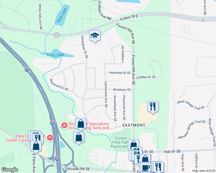 map of restaurants, bars, coffee shops, grocery stores, and more near 4447 Braeburn Southeast in Grand Rapids