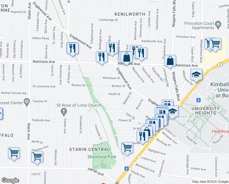 map of restaurants, bars, coffee shops, grocery stores, and more near 225 Heath Street in Buffalo