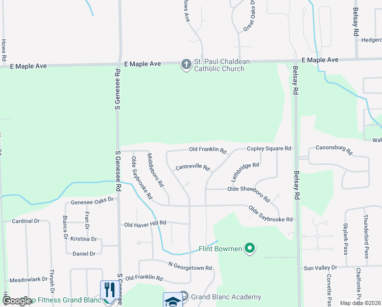 map of restaurants, bars, coffee shops, grocery stores, and more near 5532 Old Franklin Road in Grand Blanc
