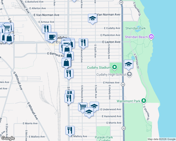 map of restaurants, bars, coffee shops, grocery stores, and more near 3737 East Carpenter Avenue in Cudahy