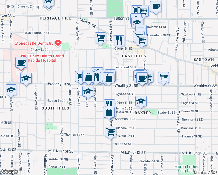 map of restaurants, bars, coffee shops, grocery stores, and more near 750 Wealthy Street Southeast in Grand Rapids