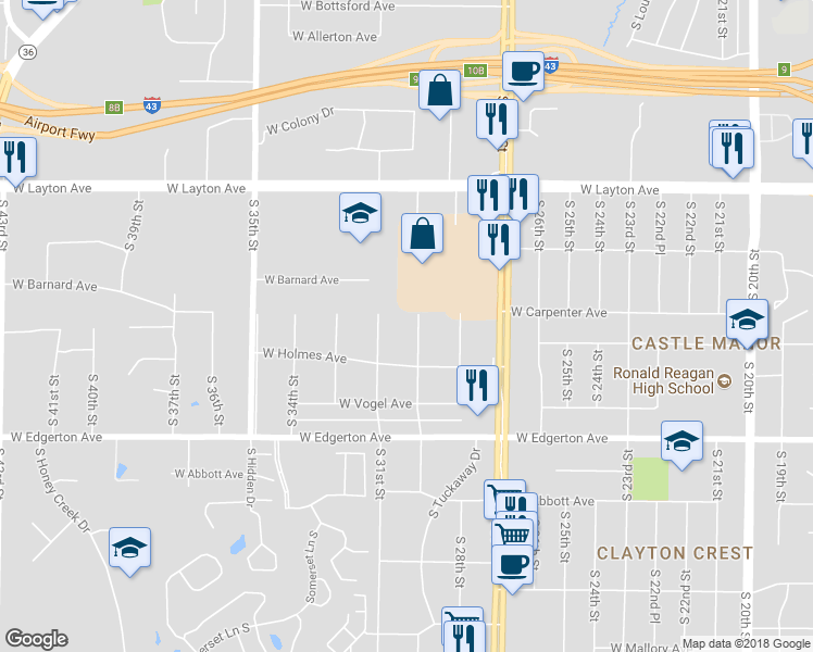 map of restaurants, bars, coffee shops, grocery stores, and more near 4915 South 30th Street in Greenfield