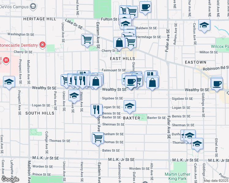 map of restaurants, bars, coffee shops, grocery stores, and more near 852 Wealthy Street Southeast in Grand Rapids