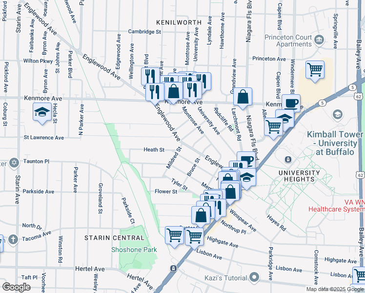 map of restaurants, bars, coffee shops, grocery stores, and more near 170 Englewood Avenue in Buffalo