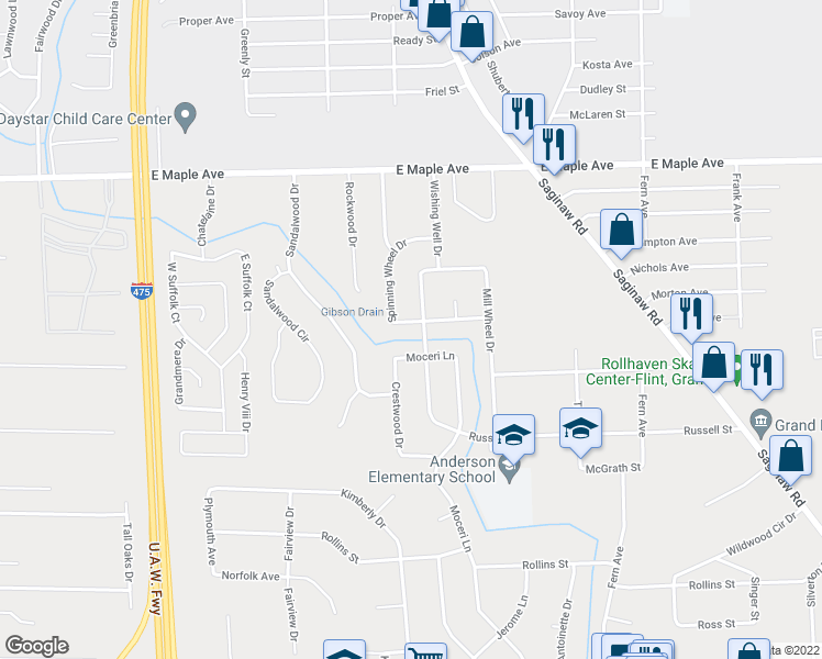 map of restaurants, bars, coffee shops, grocery stores, and more near 5206 Spinning Wheel Drive in Grand Blanc