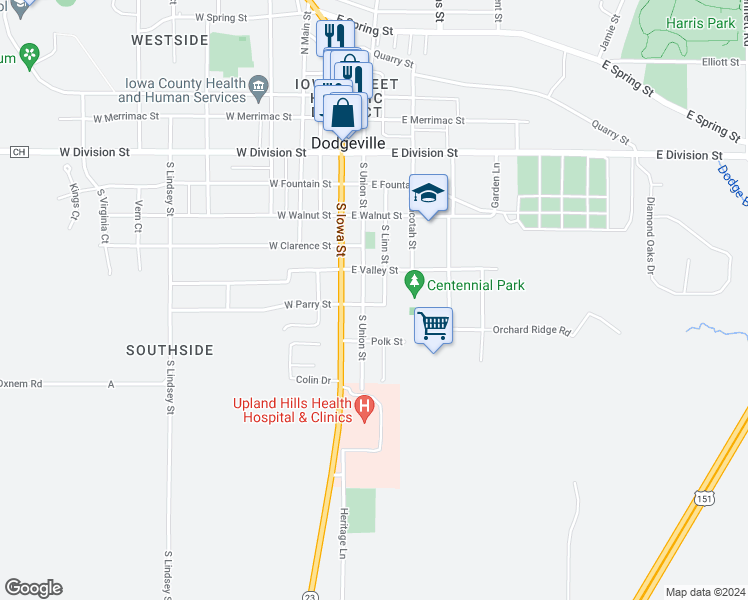 map of restaurants, bars, coffee shops, grocery stores, and more near 206 East Parry Street in Dodgeville