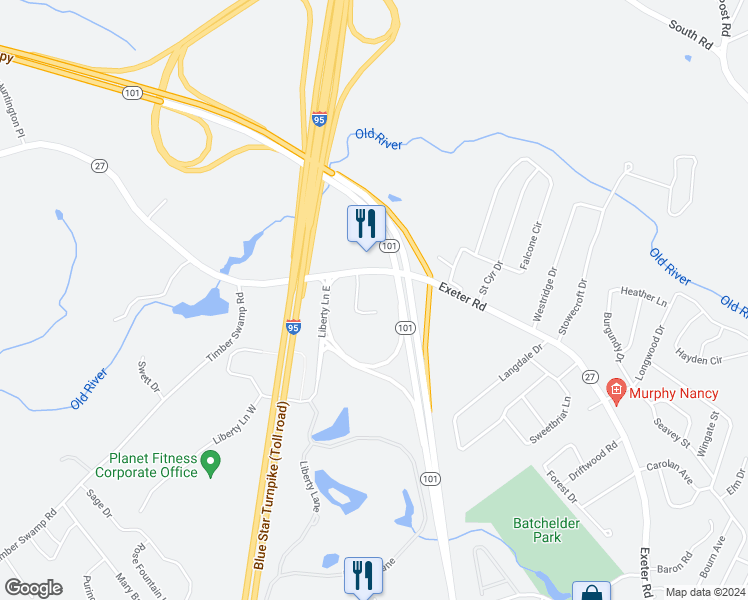map of restaurants, bars, coffee shops, grocery stores, and more near 298 Exeter Road in Hampton