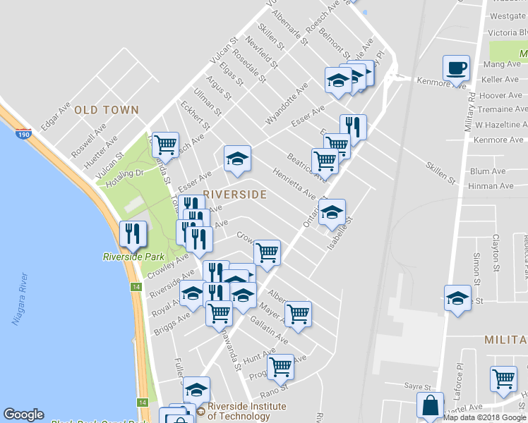 map of restaurants, bars, coffee shops, grocery stores, and more near 124 Laird Avenue in Buffalo