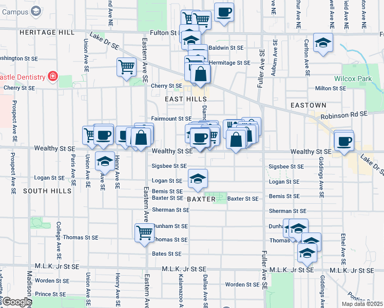 map of restaurants, bars, coffee shops, grocery stores, and more near 930 Wealthy Street Southeast in Grand Rapids