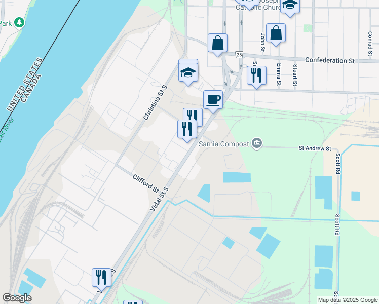 map of restaurants, bars, coffee shops, grocery stores, and more near 519 Saint Clair Street in Sarnia