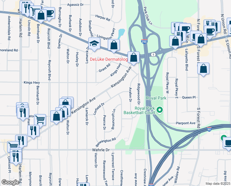map of restaurants, bars, coffee shops, grocery stores, and more near 220 Lorfield Drive in Buffalo