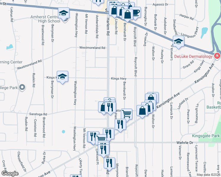 map of restaurants, bars, coffee shops, grocery stores, and more near 113 Hamilton Drive in Buffalo