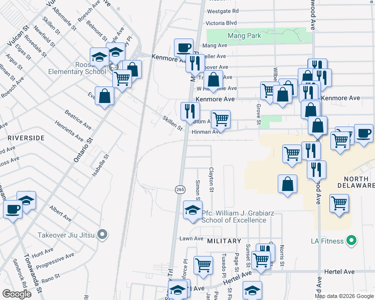 map of restaurants, bars, coffee shops, grocery stores, and more near 7 Kofler Avenue in Buffalo