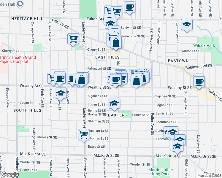 map of restaurants, bars, coffee shops, grocery stores, and more near 930 Wealthy Street Southeast in Grand Rapids