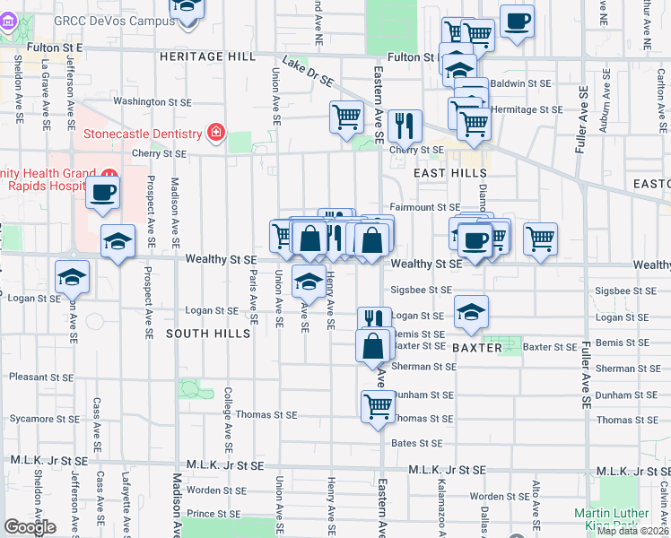 map of restaurants, bars, coffee shops, grocery stores, and more near 700 Wealthy Street Southeast in Grand Rapids