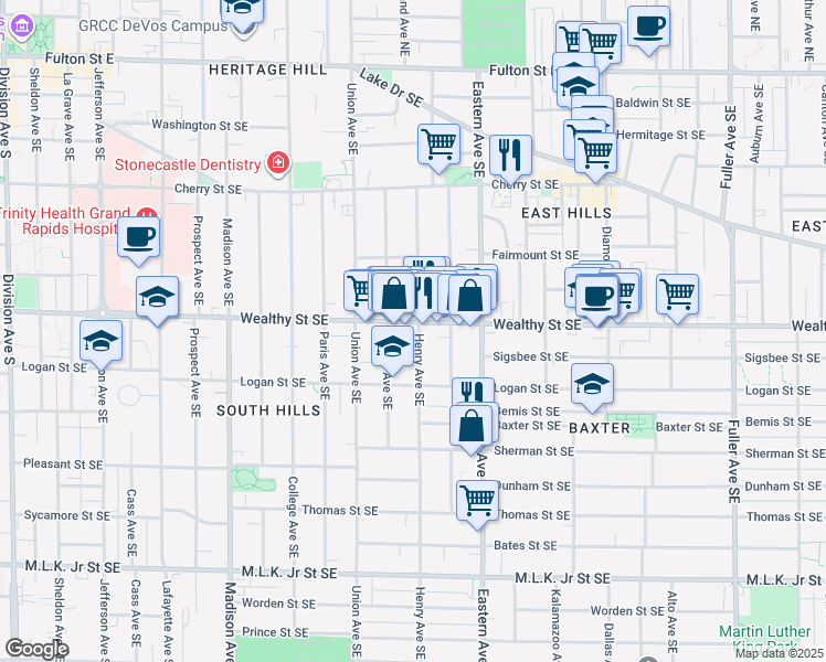 map of restaurants, bars, coffee shops, grocery stores, and more near 700 Wealthy Street Southeast in Grand Rapids