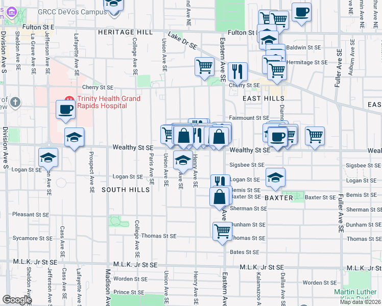 map of restaurants, bars, coffee shops, grocery stores, and more near 700 Wealthy Street Southeast in Grand Rapids