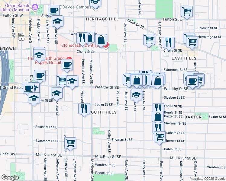 map of restaurants, bars, coffee shops, grocery stores, and more near 518 Wealthy Street Southeast in Grand Rapids
