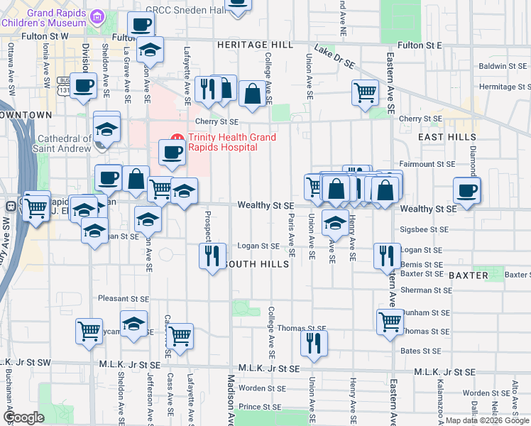 map of restaurants, bars, coffee shops, grocery stores, and more near 404 Morris Avenue Southeast in Grand Rapids
