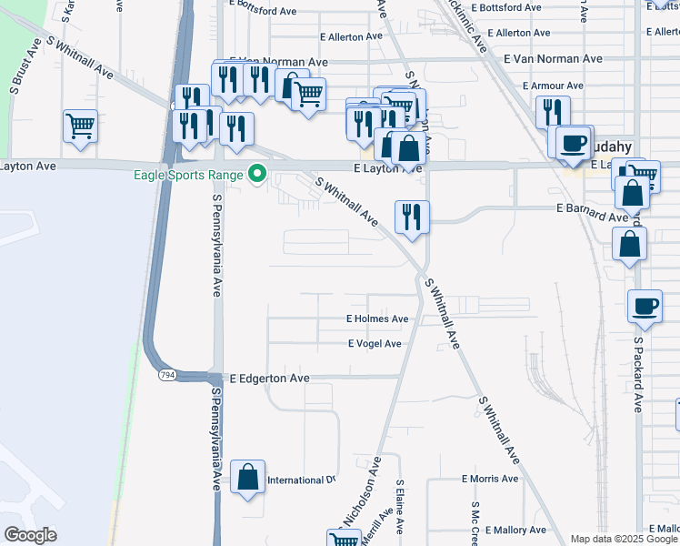 map of restaurants, bars, coffee shops, grocery stores, and more near 2815A East Carpenter Avenue in Cudahy