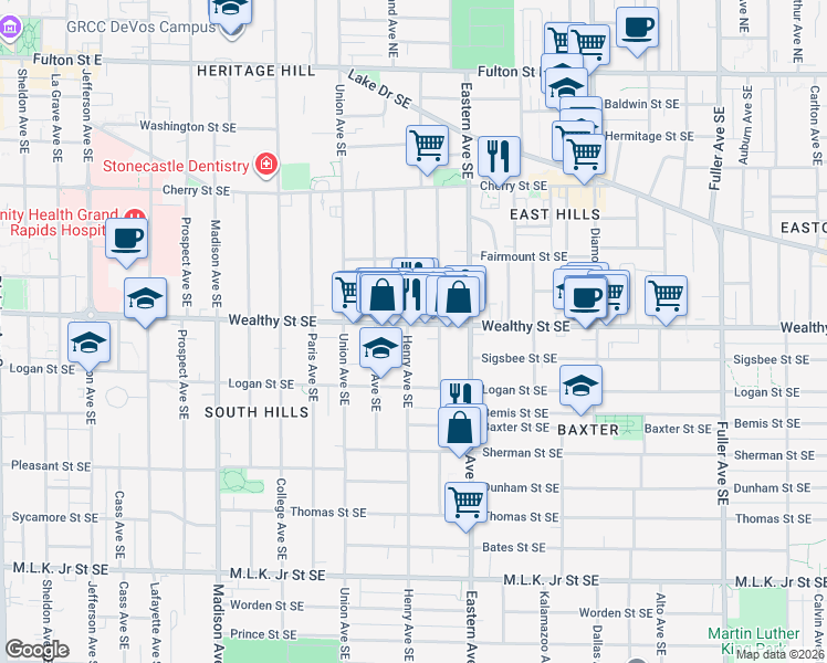 map of restaurants, bars, coffee shops, grocery stores, and more near 700 Wealthy Street Southeast in Grand Rapids