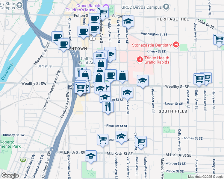 map of restaurants, bars, coffee shops, grocery stores, and more near 416 Sheldon Avenue Southeast in Grand Rapids