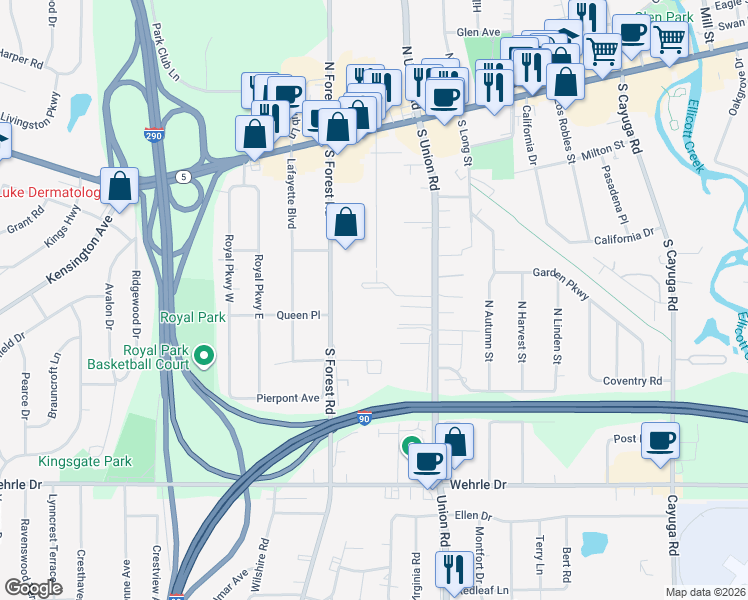 map of restaurants, bars, coffee shops, grocery stores, and more near 186 South Forest Road in Buffalo