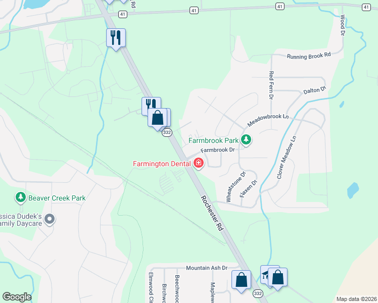 map of restaurants, bars, coffee shops, grocery stores, and more near 1625 New York 332 in Farmington