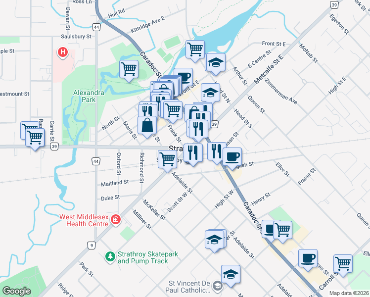 map of restaurants, bars, coffee shops, grocery stores, and more near in Strathroy