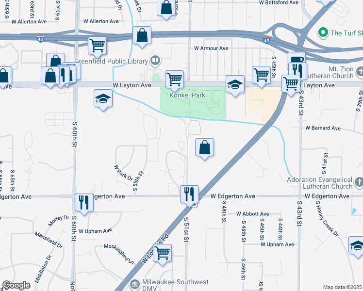 map of restaurants, bars, coffee shops, grocery stores, and more near 4915 Greenbrook Terrace in Greenfield