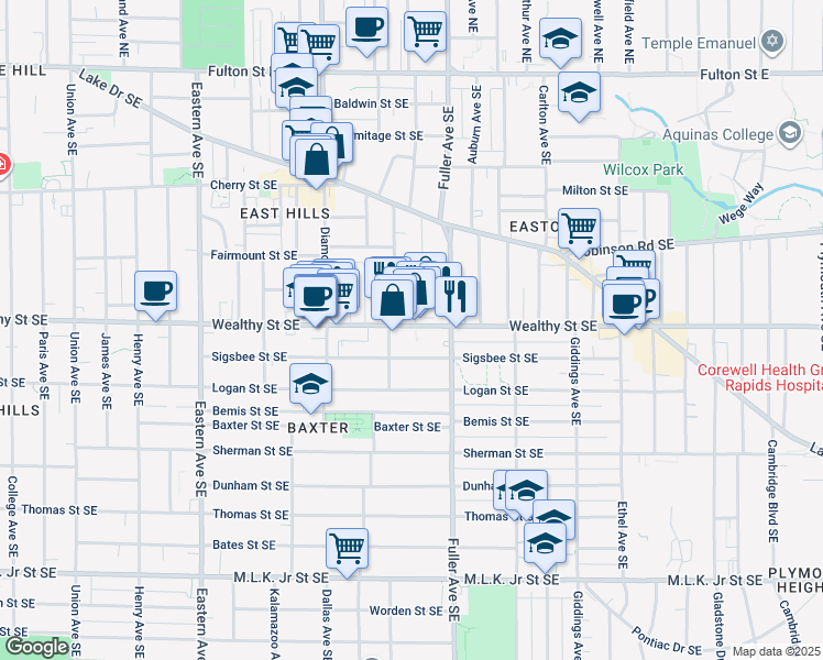 map of restaurants, bars, coffee shops, grocery stores, and more near 1118 Wealthy Street Southeast in Grand Rapids