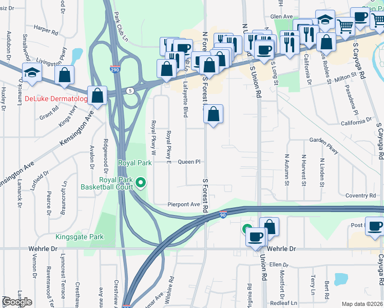 map of restaurants, bars, coffee shops, grocery stores, and more near 170 Lafayette Blvd in Buffalo