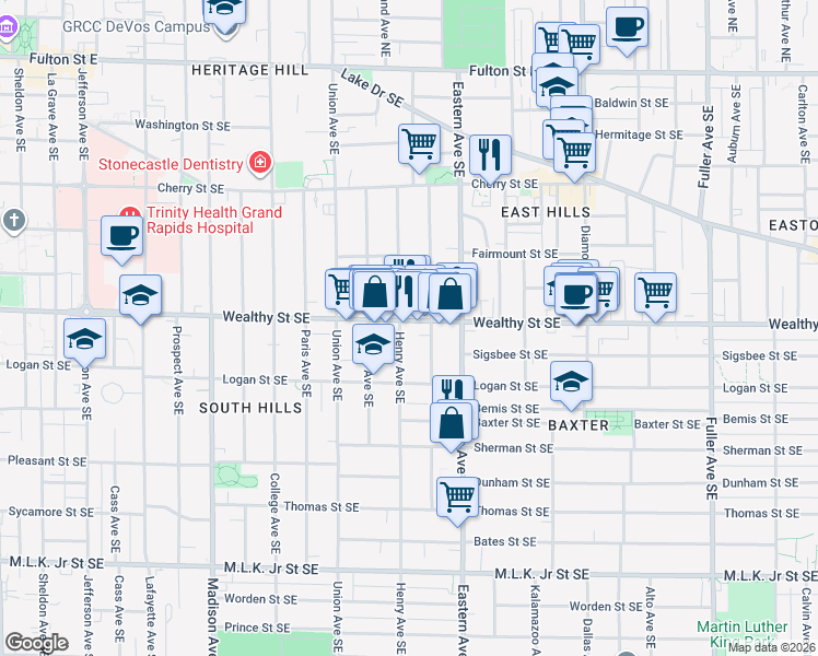 map of restaurants, bars, coffee shops, grocery stores, and more near 708 Wealthy Street Southeast in Grand Rapids