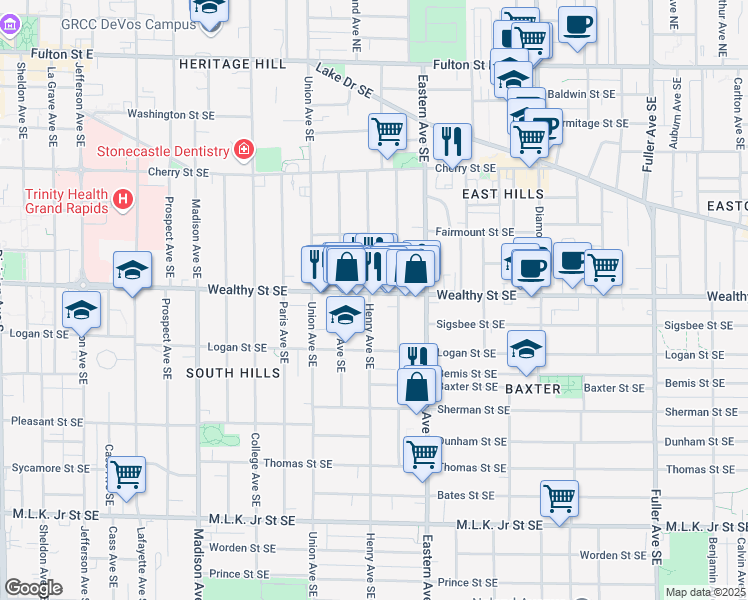 map of restaurants, bars, coffee shops, grocery stores, and more near 700 Wealthy Street Southeast in Grand Rapids