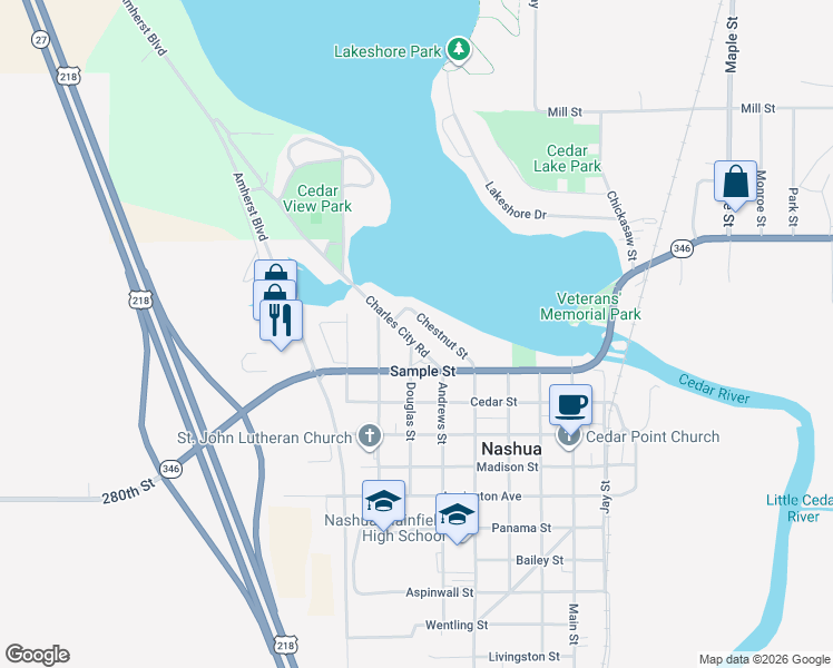 map of restaurants, bars, coffee shops, grocery stores, and more near 100-198 Charles City Road in Nashua