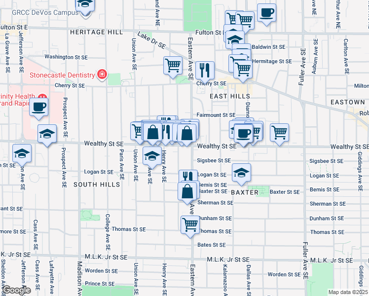 map of restaurants, bars, coffee shops, grocery stores, and more near 742 Wealthy Street Southeast in Grand Rapids