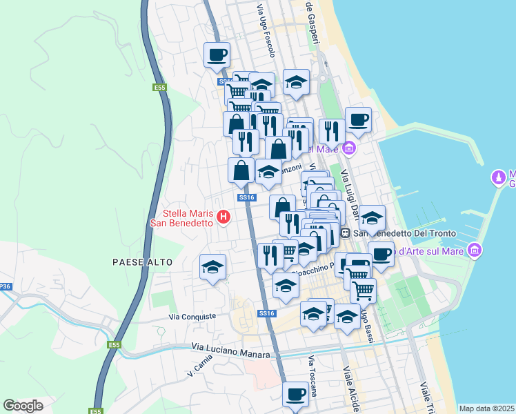 map of restaurants, bars, coffee shops, grocery stores, and more near 16 Via Vittorio Alfieri in San Benedetto del Tronto