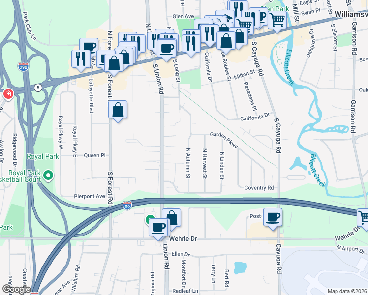 map of restaurants, bars, coffee shops, grocery stores, and more near 228 North Autumn Street in Buffalo