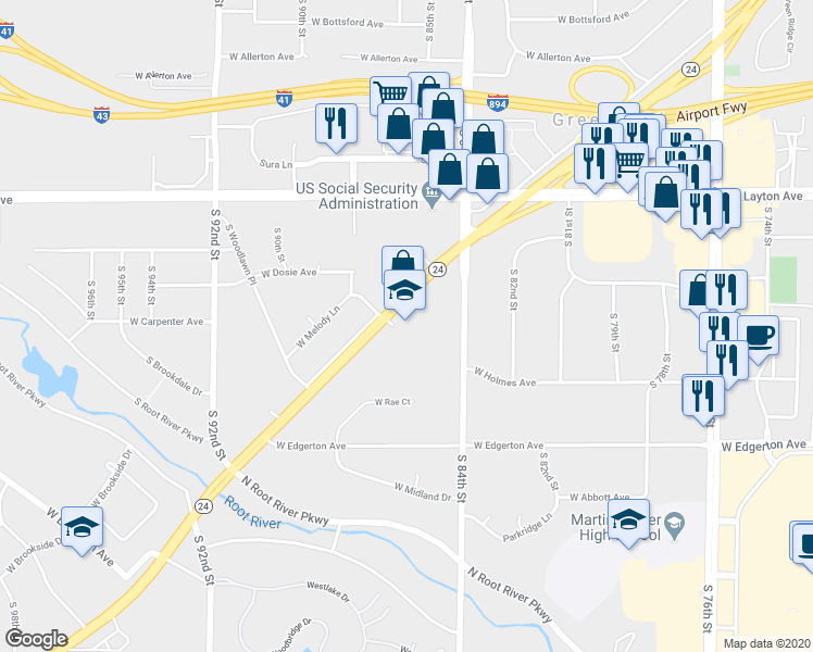 map of restaurants, bars, coffee shops, grocery stores, and more near 8605 West Forest Home Avenue in Greenfield