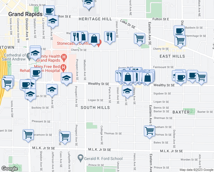 map of restaurants, bars, coffee shops, grocery stores, and more near 518 Wealthy Street Southeast in Grand Rapids