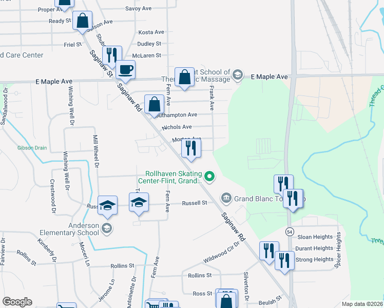map of restaurants, bars, coffee shops, grocery stores, and more near 2332 Helen Avenue in Flint