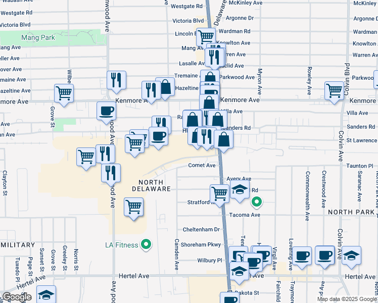 map of restaurants, bars, coffee shops, grocery stores, and more near 2642 Delaware Avenue in Buffalo