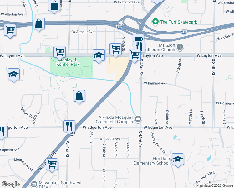 map of restaurants, bars, coffee shops, grocery stores, and more near 4815 South Waterview Court in Greenfield