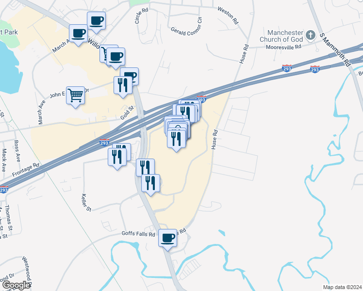 map of restaurants, bars, coffee shops, grocery stores, and more near 1500 South Willow Street in Manchester