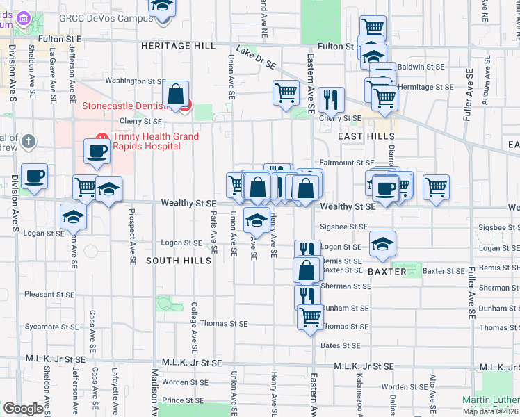 map of restaurants, bars, coffee shops, grocery stores, and more near 632 Wealthy Street Southeast in Grand Rapids