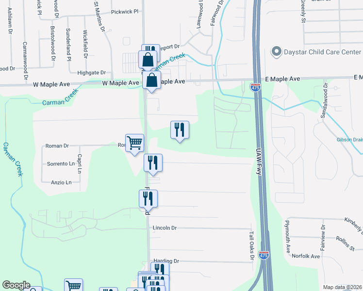 map of restaurants, bars, coffee shops, grocery stores, and more near 5153 Fenton Road in Flint