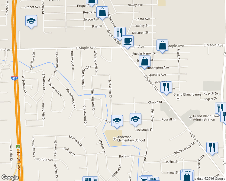 map of restaurants, bars, coffee shops, grocery stores, and more near 5203 Mill Wheel Drive in Grand Blanc